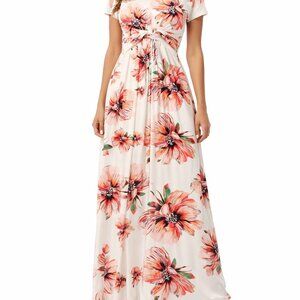 Floral Maxi Dress with Empire Waist V-Neck and Cap Sleeves Size S